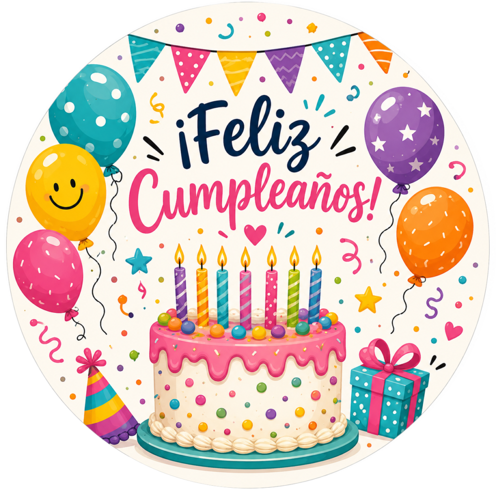 Galleta personalizada de cumpleaños con dibujo de tarta de colores