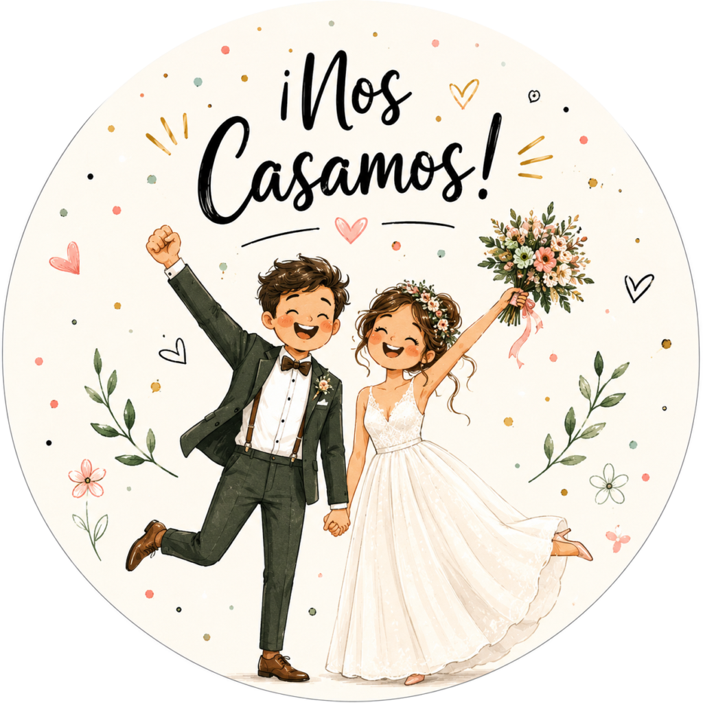 Galleta personalizada con dibujo de novios y mensaje nos casamos