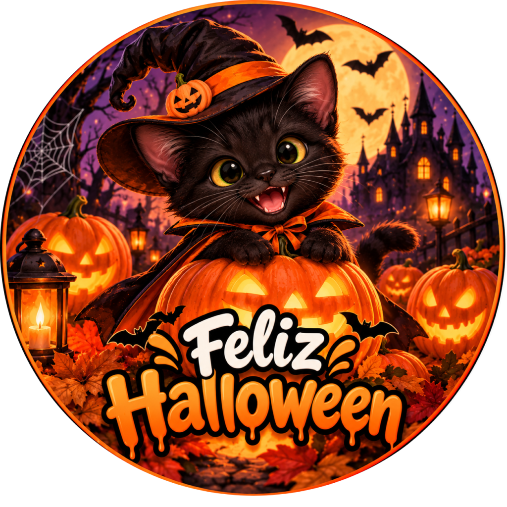 Galleta de Halloween personalizada con gatito brujo